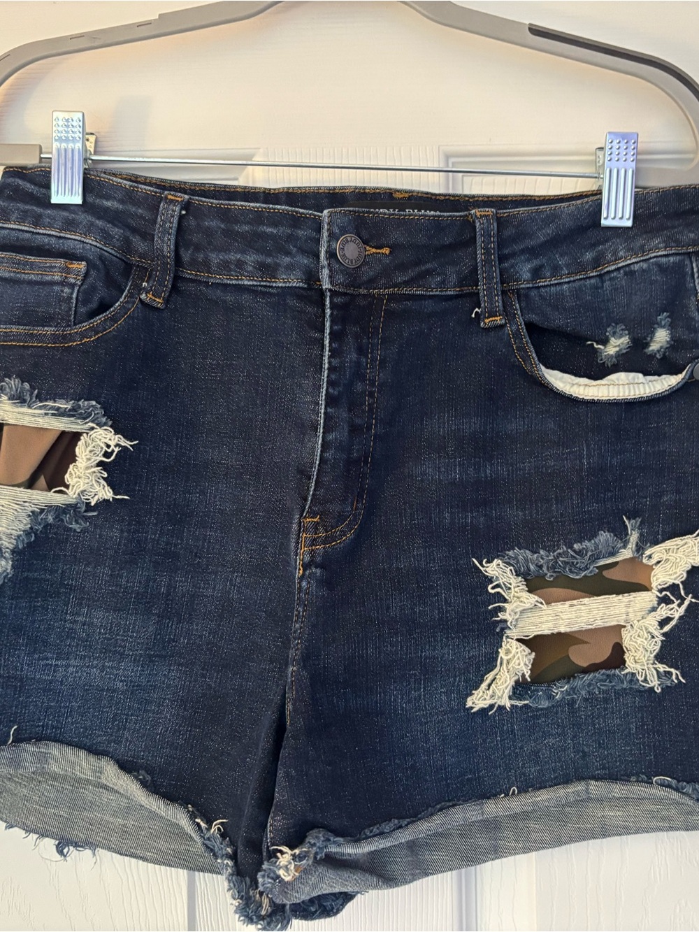 Women’s Relaxed Dark Blue Distressed Denim Shorts